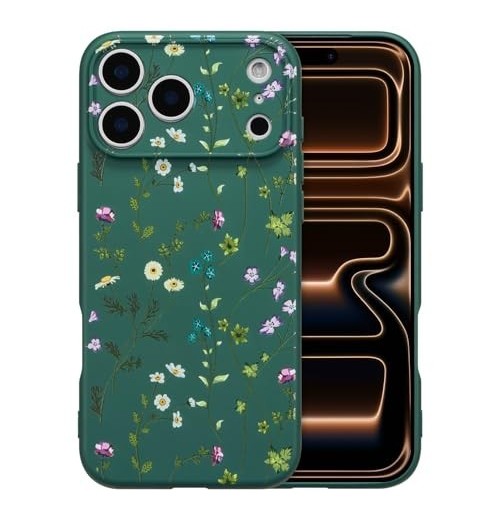 Case Floral para iPhone 17 Pro Max Silicone Líquida Verde Oscuro/Rama Floral