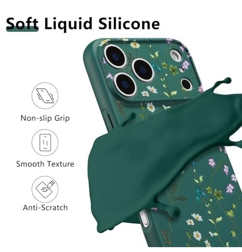 Case Floral para iPhone 17 Pro Max Silicone Líquida Verde Oscuro/Rama Floral
