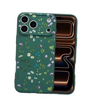 Case Floral para iPhone 17 Pro Max Silicone Líquida Verde Oscuro/Rama Floral