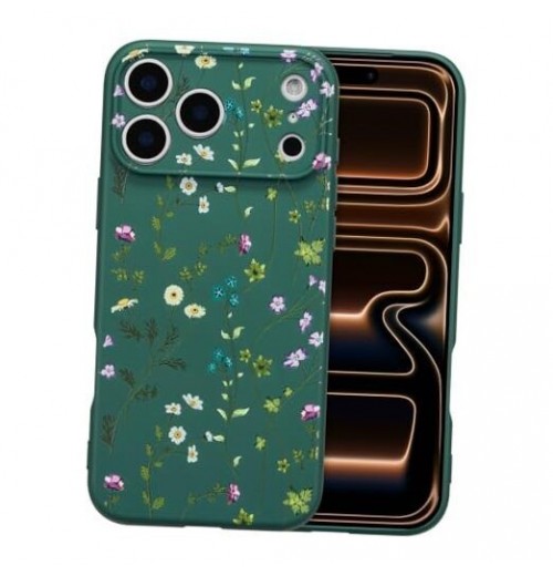 Case Floral para iPhone 17 Pro Max Silicone Líquida Verde Oscuro/Rama Floral