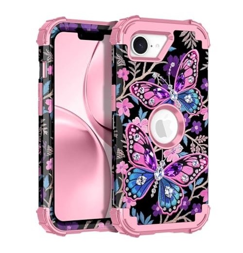 for Case 3 in 1 Shockproof Heavy Duty Rugged iPhone 16e Diamond Pink Butterfly