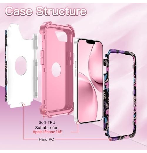 for Case 3 in 1 Shockproof Heavy Duty Rugged iPhone 16e Diamond Pink Butterfly