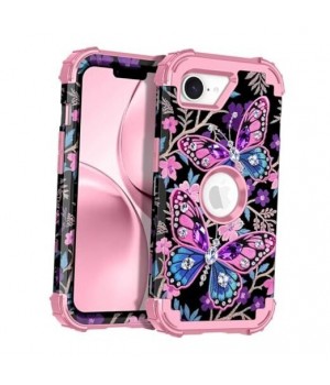 for Case 3 in 1 Shockproof Heavy Duty Rugged iPhone 16e Diamond Pink Butterfly