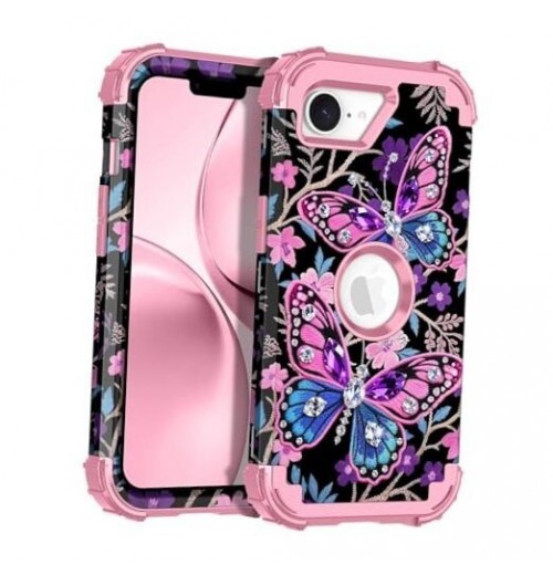 for Case 3 in 1 Shockproof Heavy Duty Rugged iPhone 16e Diamond Pink Butterfly