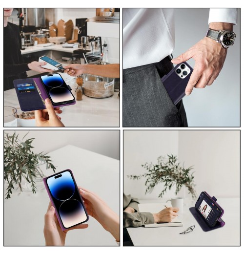 MONASAY Wallet Case for iPhone 14 Pro 5G, Glass Screen 14 pro, Purple