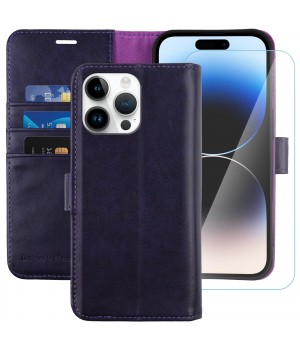 MONASAY Wallet Case for iPhone 14 Pro 5G, Glass Screen 14 pro, Purple