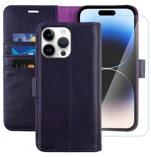 MONASAY Wallet Case for iPhone 14 Pro 5G, Glass Screen 14 pro, Purple