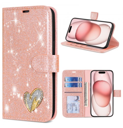 Glitter Love Heart Wallet Phone Case For iPhone 17 16 15 14 13 12 11 Pro Max XR
