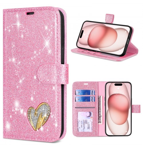 Glitter Love Heart Wallet Phone Case For iPhone 17 16 15 14 13 12 11 Pro Max XR