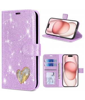 Glitter Love Heart Wallet Phone Case For iPhone 17 16 15 14 13 12 11 Pro Max XR