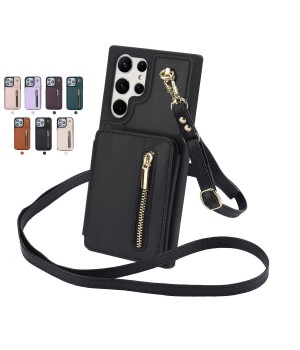 Zipper Strap Leather Card Slot Phone Case For Samsung S25 S24 S23 S22 S21 Ultra