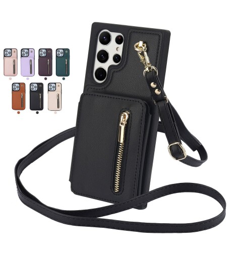 Zipper Strap Leather Card Slot Phone Case For Samsung S25 S24 S23 S22 S21 Ultra