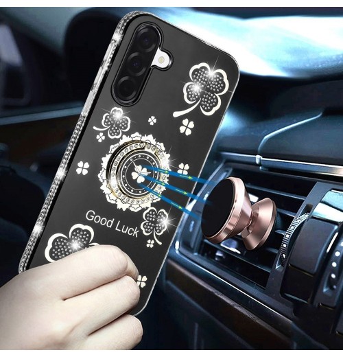 For Galaxy A17 5G Case Lucky Clover Glitter with Diamonds Edges Ring Stand Cover