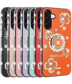 For Galaxy A17 5G Case Lucky Clover Glitter with Diamonds Edges Ring Stand Cover