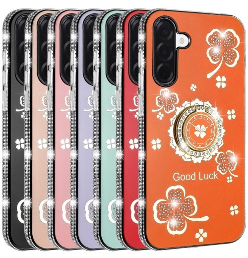 For Galaxy A17 5G Case Lucky Clover Glitter with Diamonds Edges Ring Stand Cover