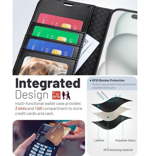 OCASE for iPhone 17 Case, PU Leather Wallet, Magnetic Flip 17, Black